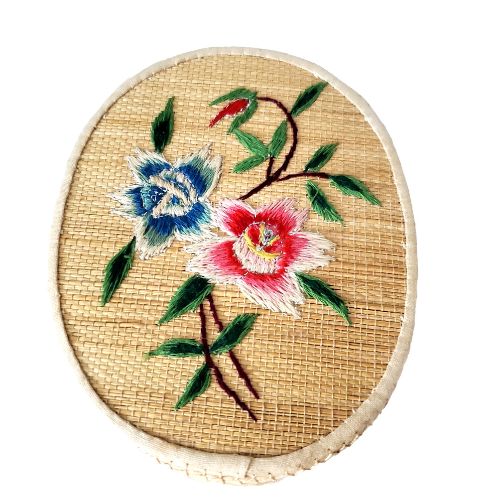 Vintage Handmade Embroidered Floral Weaved Box Jewelry Decorative Beige Colorful